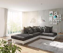 Ecksofa Clovis Weiss Schwarz mit Hocker Ottomane