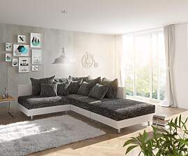 Ecksofa Clovis Weiss Schwarz mit Hocker Ottomane