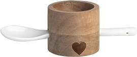 Eierbecher Set rund Herz mit Löffel, Holz, Braun, 