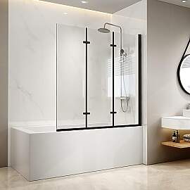 EMKE Duschwand für Badewanne 120x140 cm Schwarz,