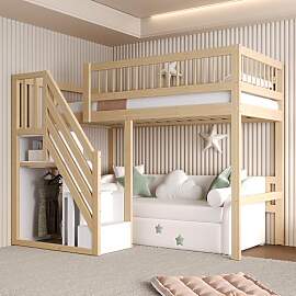 Etagenbett 90x200, Kinderbett Hochbett mit Treppe
