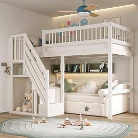 Etagenbett 90x200, Kinderbett Hochbett mit Treppe