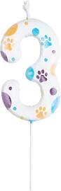 Geburtstagskerzen Zahlen 3, Blaue Hundepfotenkerze 