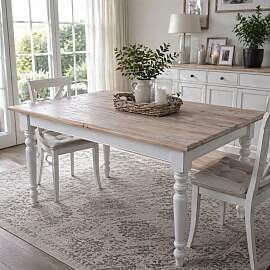 Gedrechselter Landhaus Esstisch weiß-braun, 160 cm