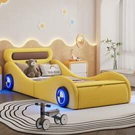 Gelbes PU-Leder-Autobett für Kinder, gepolstert,