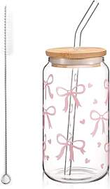 Glas Trinkbecher Mit Deckel Und Strohhalm, Bow