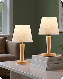 GOEBLESON Nachttischlampe aus Holz 2er Set, Beige