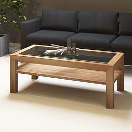 Großer Massivholz Couchtisch mit Glasplatte