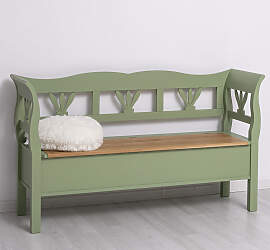 Grüne Sitzbank im Landhausstil mit Eichenplatte