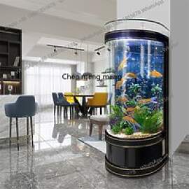 Halbkreisförmiges Aquarium neben dem TV-Schrank.
