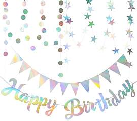 Happy Birthday Girlande Irisierende Silber