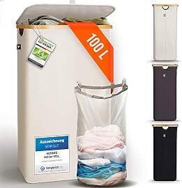 HENNEZ 100L Wäschekorb mit Deckel Beige -