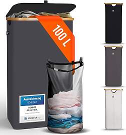 HENNEZ 100L Wäschekorb mit Deckel Grau -