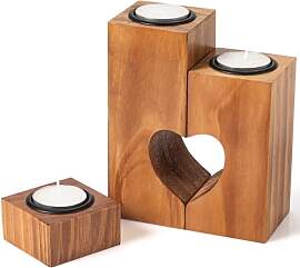 Herz Teelichthalter Holz -Set aus 3 Kerzen
