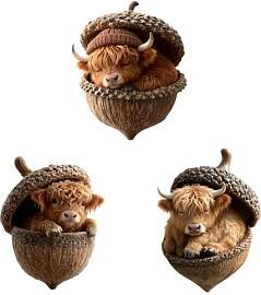 Highland Cow Weihnachtsanhänger in Eichel Form, 3 