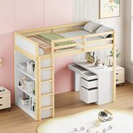 Hochbett 90x200 cm mit Schreibtisch und Stauraum,