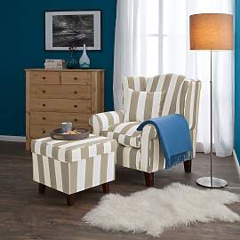 home24 Sessel Beige/Beige Webstoff mit Hocker 78 x 