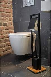 home24 Stand WC-Garnitur Stahl / Bambus Schwarz Ø 
