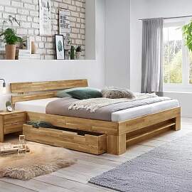 HOMELIV. Bett Kanata Komfort Wildeiche Massivholz