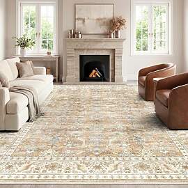 HOMFINE Vintage Teppich Wohnzimmer Beige Braun