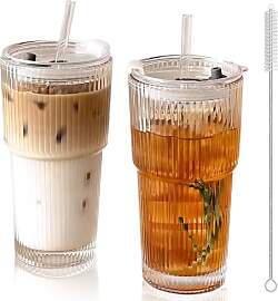 hosck 2 Stück 600ml Gerippte Glasbecher mit
