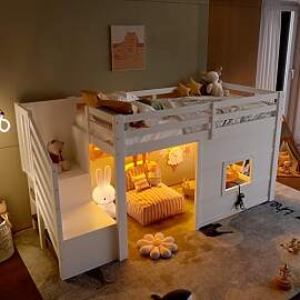 Huayz Kinderbett 90x200 cm mit Stauraumtreppe,