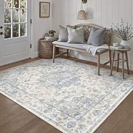 HUGEAR Vintage Blau Waschbarer Teppich Wohnzimmer