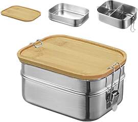Jauhmui Edelstahl Bento Lunchbox mit Holzdeckel