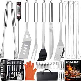 JUAUO Grillbesteck Set, 28-teiliges Edelstahl