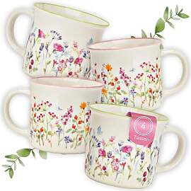 Kaffeetassen Blumenwiese, 4er Set Porzellan-Tassen 