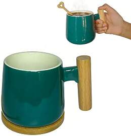 Keramik Kaffeetasse 350ml mit Holzgriff, grüne
