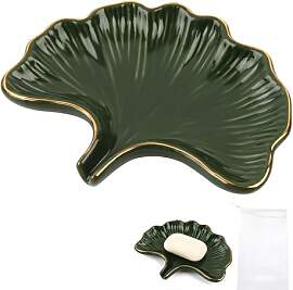Keramik Seifenschale mit Ablauf, Ginkgoblatt-Form