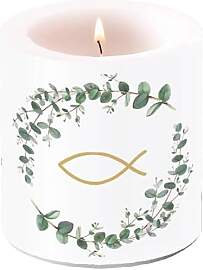 Kerze Kommunion & Konfirmation Fisch im Kranz