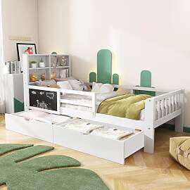 Kinderbett 90x200, Holzbett mit Schubladen und