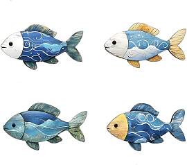 Kisstta 4 Stück Wand Deko Holz Fisch Set, Blau