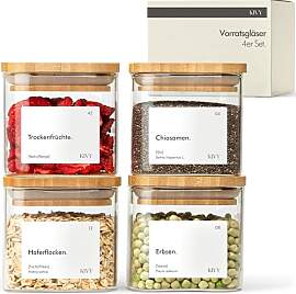 KIVY Vorratsgläser eckig [4x400ml] + Etiketten -