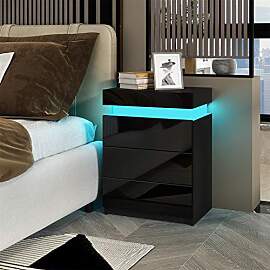 Komtopod Nachttisch Schwarz, Nachtschrank mit Led, 