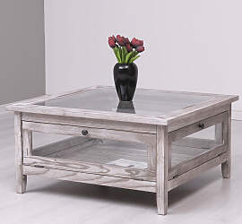 Landhaus Glas-Couchtisch mit Schaukasten, hellgrau