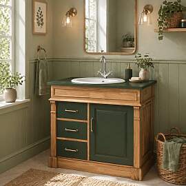 Landhaus-Waschbeckenschrank - Holz natur und Oliv