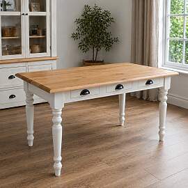 Landhausstil Esstisch weiß 140 cm, Eichenplatte