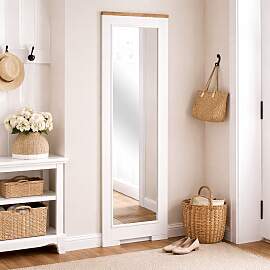 Langer Garderobenspiegel weiß mit Eichenplatte