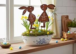 LB H&F Gartenstecker Hasenpaar Mädchen und