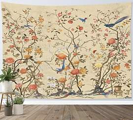 LB Wandteppich Vintage-Blumen Wandtuch Vogel auf