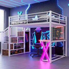 Lcoho Hochbett, 140x200cm, Mit LED-Leuchten,