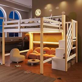 LinoraFurn Hochbett, 140x200cm,Mit LED-Leuchten,