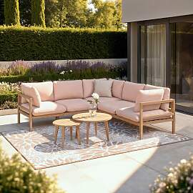 Loungegarnitur Livia beige- rose Outdoorstoff/Holz