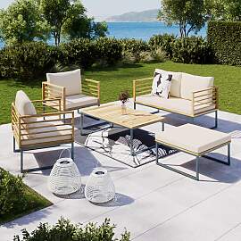 Loungegarnitur Silas Creme Holz/Outdoorstoff/Metall