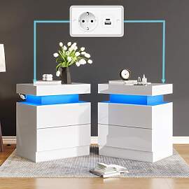 LUXOAK 2er-Set Hochglanz Nachttisch mit LED &