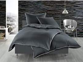 Mako Satin Bettwäsche anthrazit Zierband weiß