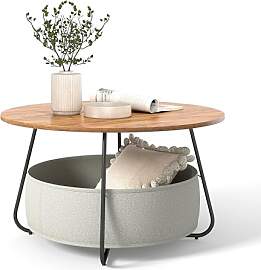 Manora Couchtisch Rund Braun mit Stoffkorb &